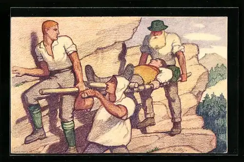 Künstler-AK Schweizer Bundesfeier 1921, Bergwacht des Roten Kreuzes bergen einen Verwundeten, Ganzsache