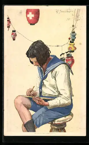 Künstler-AK Schweizer Bundesfeier 1925, Knabe in Matrosenuniform schreibt einen Brief, Ganzsache