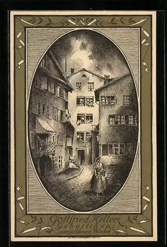 Künstler-AK Schweizer Bundesfeier 1919, Gottfried Keller's Geburtshaus Zum Goldenen Winkel, Ganzsache