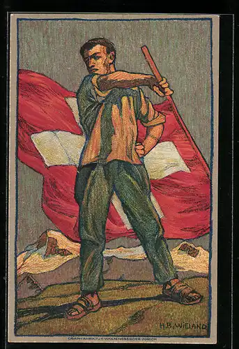 Künstler-AK Schweizer Bundesfeier 1912, Mann schwenkt auf dem Berg die schweizer Flagge, Ganzsache