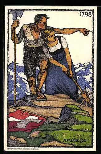 Künstler-AK Schweizer Bundesfeier 1913, Bauernpaar auf dem Gipfel eines Berges stehend, Ganzsache