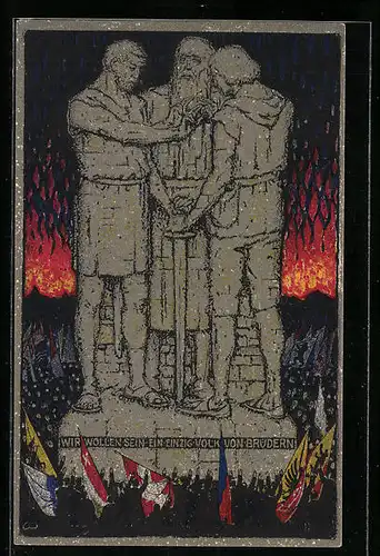 Künstler-AK Schweizer Bundesfeier 1915, Denkmal mit Inschrift Wir wollen sein ein einzig Volk von Brüdern, Ganzsache