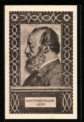 Künstler-AK Schweizer Bundesfeier 1919, Gottfried Keller im Portrait, Ganzsache