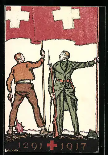 Künstler-AK Schweizer Bundesfeier 1917, Soldat und Arbeiter mit Flaggen, Ganzsache