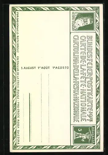 Künstler-AK Schweizer Bundesfeier 1917, Soldat und Arbeiter mit Flaggen, Ganzsache