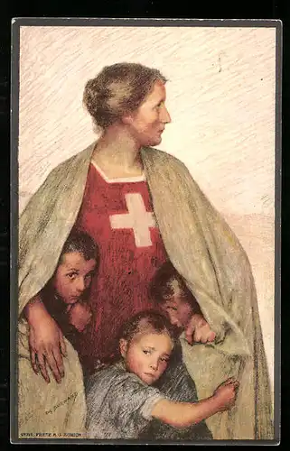 Künstler-AK Schweizer Bundesfeier 1917, Frau schützt Kinder unter einer Decke, Ganzsache
