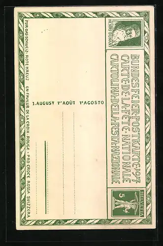 Künstler-AK Schweizer Bundesfeier 1917, Frau schützt Kinder unter einer Decke, Ganzsache