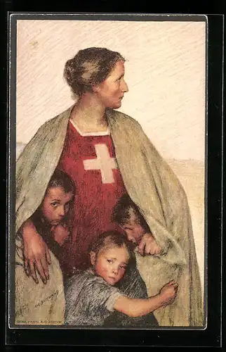 Künstler-AK Schweizer Bundesfeier 1917, Frau schützt Kinder unter einer Decke, Ganzsache