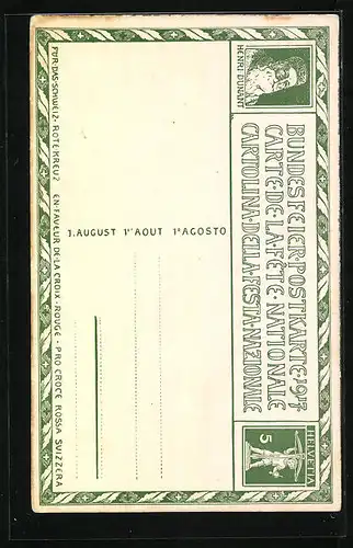 Künstler-AK Schweizer Bundesfeier 1917, Frau schützt Kinder unter einer Decke, Ganzsache