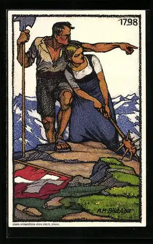 Künstler-AK Schweizer Bundesfeier 1913, Bauernpaar auf einer Bergspitze, Ganzsache