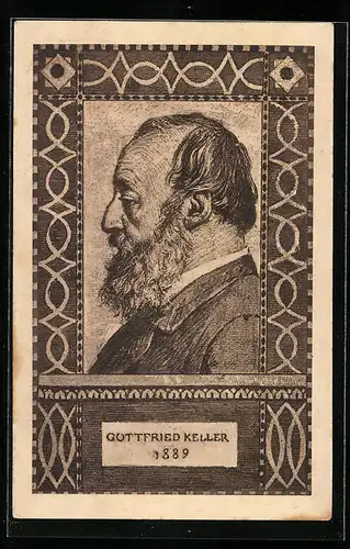 Künstler-AK Schweizer Bundesfeier 1919, Portrait von Gottfried Keller, Ganzsache