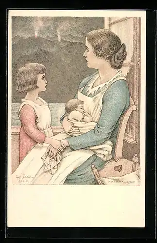 Künstler-AK Schweizer Bundesfeier 1924, Mutter mit Kindern am Fenster sitzend