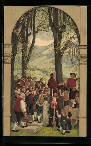 Künstler-AK Schweizer Bundesfeier 1918, Soldaten und Anwohner auf einem Berg