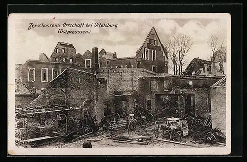 AK Ortelsburg, zerschossene Häuser im Ort