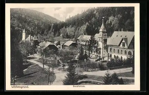 AK Wölfelsgrund, Sanatorium und Kirche am Waldrand