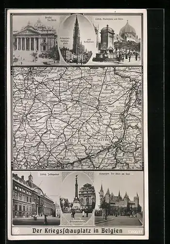AK Lüttich, Justizpalast, Marktplatz mit Börse, Landkarte