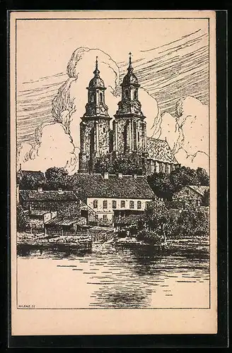 Künstler-AK Gnesen, Blick zum Dom