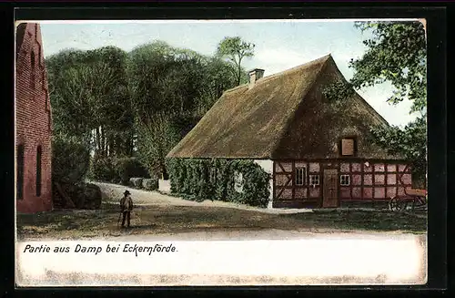 AK Damp bei Eckernförde, Ortspartie mit Reetdachhaus