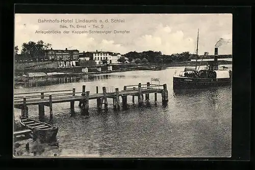 AK Lindaunis /Schlei, Bahnhofs-Hotel Th. Ernst mit Dampfer-Anlagebrücke