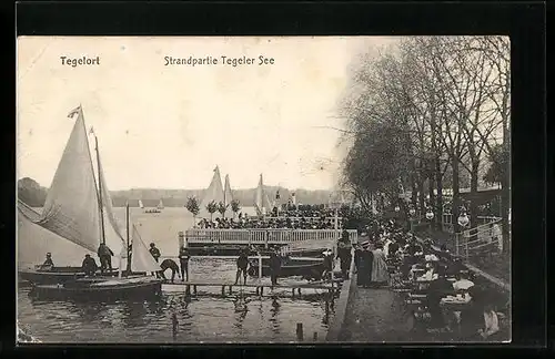 AK Berlin-Tegelort, Strandpartie mit Ufer-Gaststätte am Tegeler See