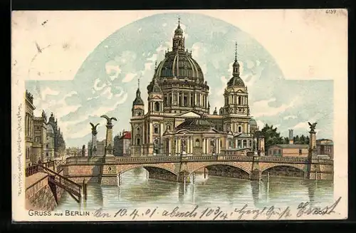 Lithographie Berlin, Berliner Dom und Brücke vom Wasser gesehen