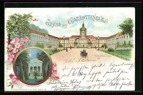 Lithographie Berlin-Charlottenburg, Schloss und Mausoleum bei Vollmond