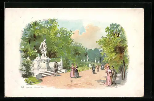 Lithographie Berlin-Tiergarten, Spaziergänger in der Siegesallee