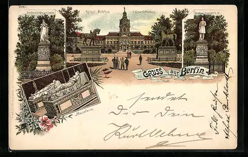 Lithographie Berlin-Charlottenburg, Schloss Charlottenburg, Mausoleum und Denkmäler