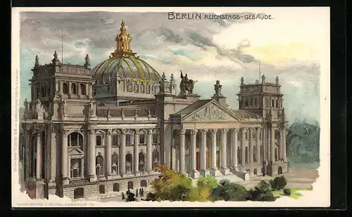 Lithographie Berlin-Tiergarten, Reichstags-Gebäude aus der Vogelschau