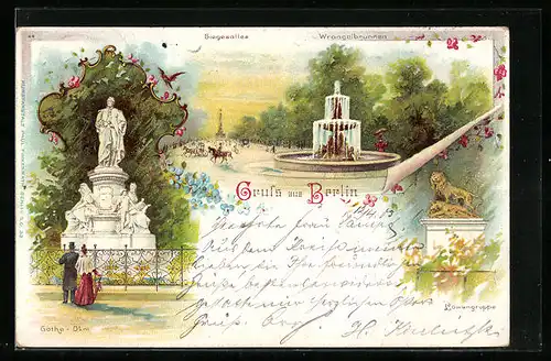 Lithographie Berlin-Tiergarten, Wrangelbrunnen und Siegesallee, Goethe-Denkmal