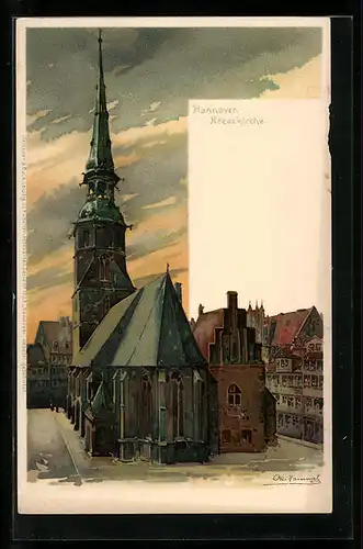 Lithographie Hannover, Kreuzkirche mit Strassen aus der Vogelschau