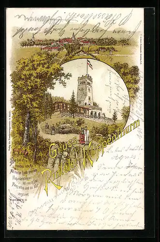 Lithographie Rinteln, Ortsansicht und Gasthaus Rinteler Klippenthurm