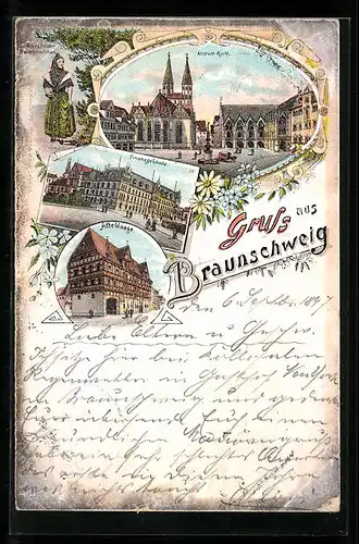 Lithographie Braunschweig, Altstadt-Markt, Finanzgebäude, Alte Waage