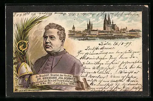 Lithographie Köln, Weihbischof Hermann Jos. Schmitz, Ortsansicht mit Dom