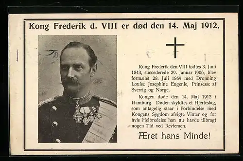 AK Todesanzeige König Frederik VIII. von Dänemark 1912, Portrait und Text
