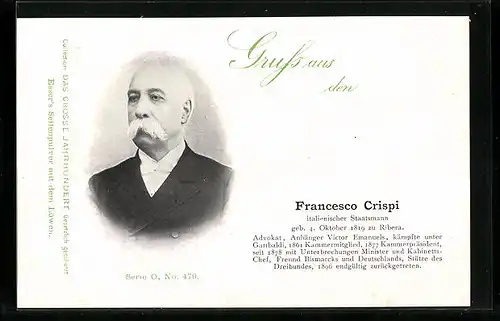 AK Portrait des italienischen Staatsmannes Francesco Crispi mit Kurzbiografie