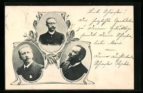 Passepartout-AK Portraits der Politiker J. Jessen, M. P. Mansen und Julius Nielsen
