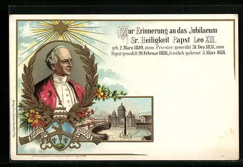 Lithographie Rom, Jubiläum Papst Leo XIII., Portrait mit Ehrenkranz und Wappen, Petersdom