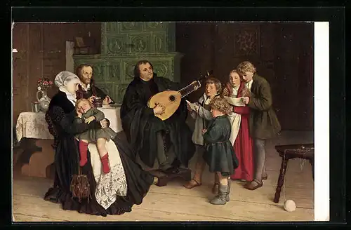 AK Martin Luther musiziert mit Laute bei Hausmusik im Kreise der Familie