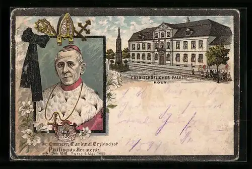 Lithographie Köln, Erzbischöfliches Palais, Portrait Cardinal Erzbischof Krementz, Trauerkarte 1899