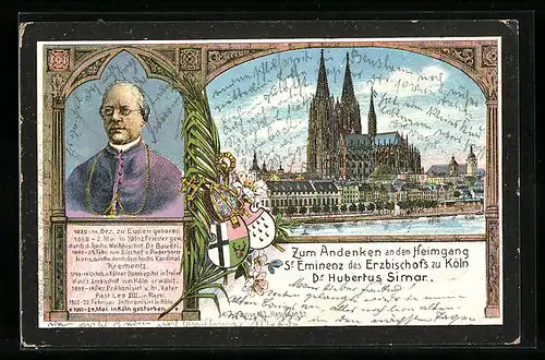 Lithographie Köln, Panorama mit Dom, Portrait Erzbischof Hubertus Simar, Trauerkarte 1902