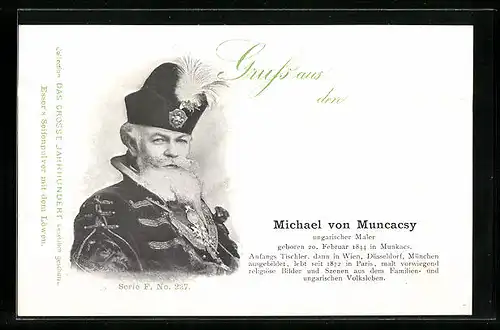 AK Portrait und Kurzbiografie des ungarischen Malers Michael von Muncacsy