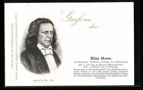 AK Elias Howe, Erfinder der Nähmaschine, Portrait