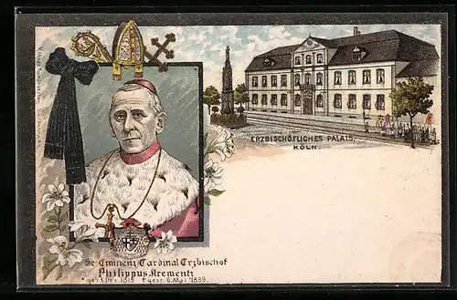 Lithographie Köln, Erzbischöfliches Palais, Portrait Cardinal Erzbischof Krementz, Trauerkarte von 1899