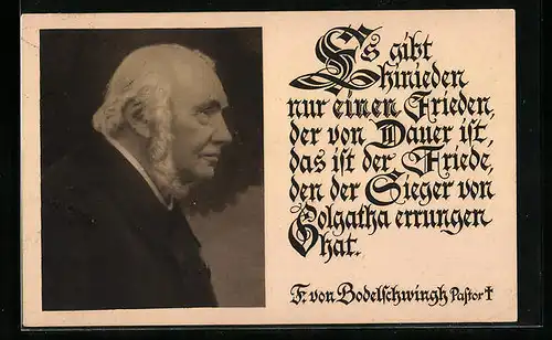AK Pastor F. von Bodelschwingh, Seitenportrait und Zitat