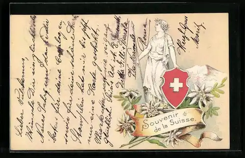 Präge-Lithographie Schweiz, Helvetia mit Schweizer Wappen zwischen Edelweiss