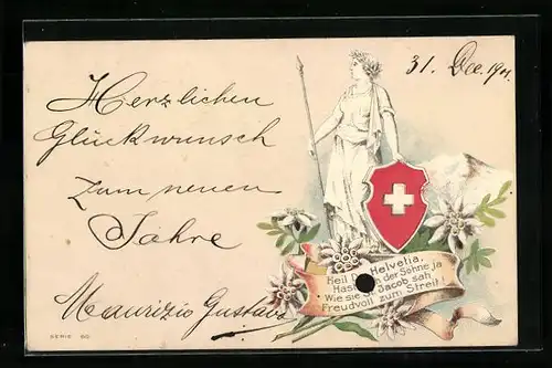 Präge-Lithographie Schweiz, Heil Dir Helvetia..., Helvetia mit Schweizer Wappen