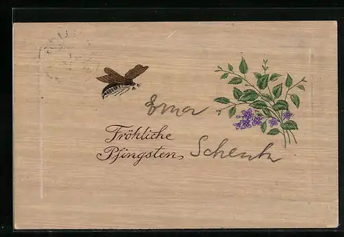 Holzbrand-Imitations-AK Maikäfer und Blumenstrauss, Pfingstgruss