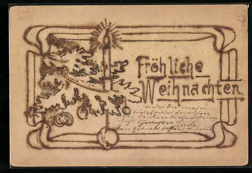 Holzbrand-Imitations-AK Kerze und Tannenwzeig, Weihnachtsgruss