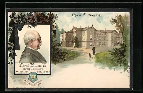 Lithographie Bismarck, Portrait mit Wappen, Schloss Friedrichsruh, Trauerkarte